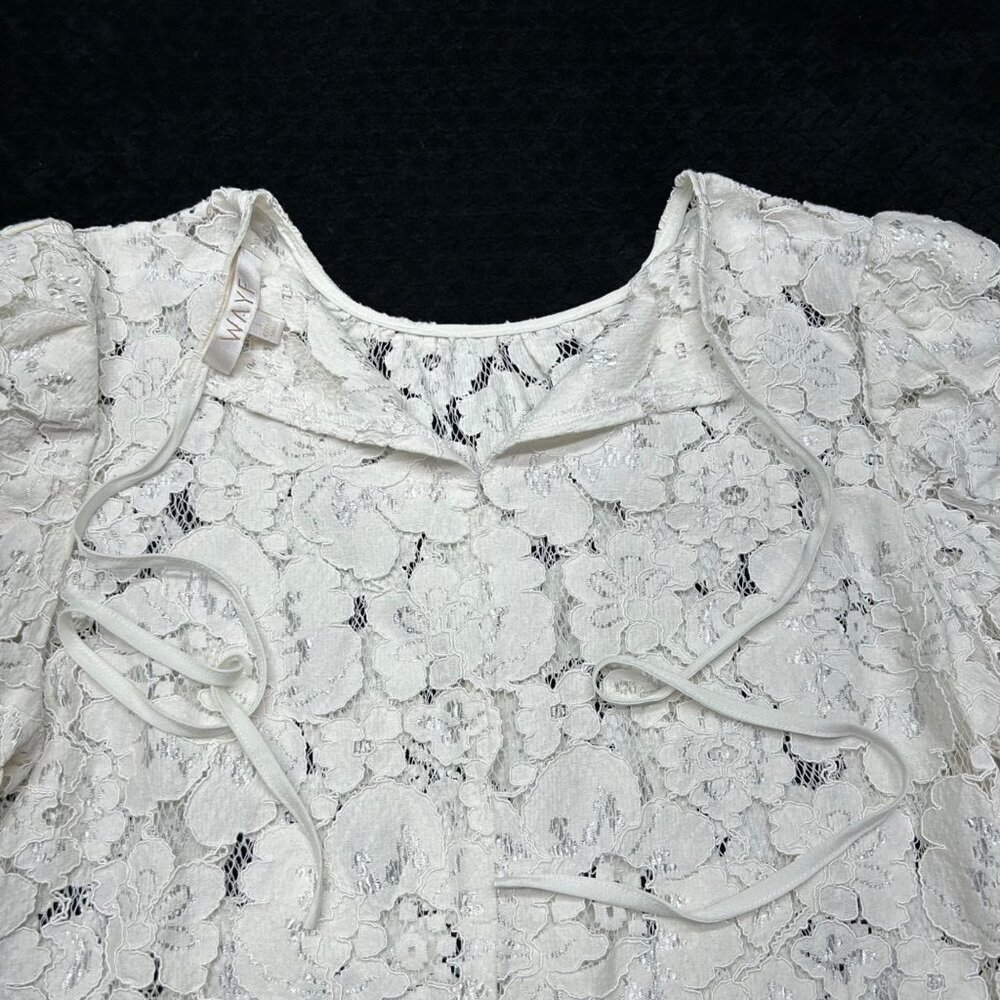 WAYF Women's Lace Puff Sleeve Top L Cream Key Hole Tie Neck - Picture 7 of 16